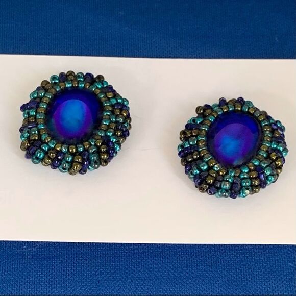 Hand beaded royal blue glass cabs turquoise gold glass bezel pierced earrings - Picture 7 of 13